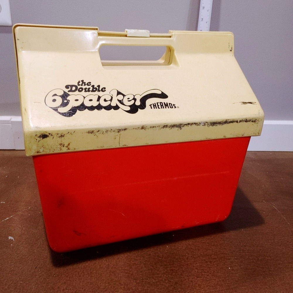 Vintage Thermos The Double 6-Packer Cooler 12 Qt Red Cream Model 7714 USA Made